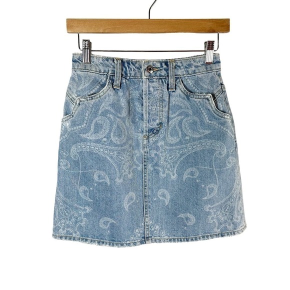 Jonathan Simkhai Indigo Blue Denim Paisley Print Mini Jean Skirt Size 24 - Picture 2 of 8